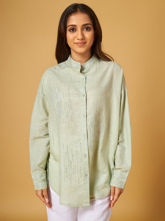 Fog Green Linen Embroidered Shirt