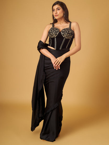 Black Satin Georgette Pre-Stitched Saree with Embroidered Corset