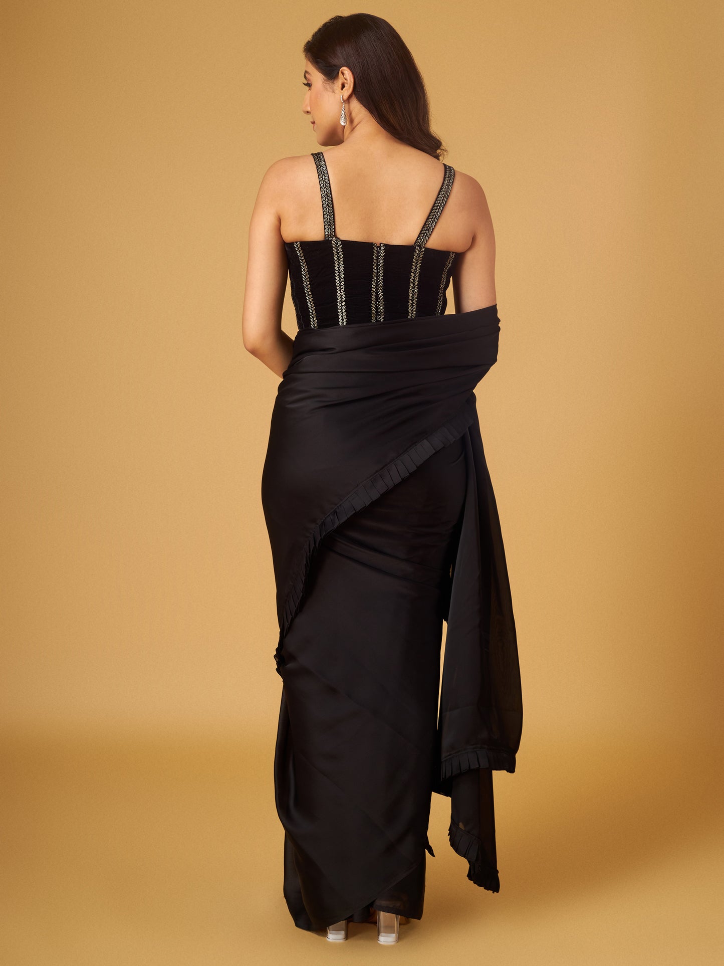 Black Satin Georgette Pre-Stitched Saree with Embroidered Corset