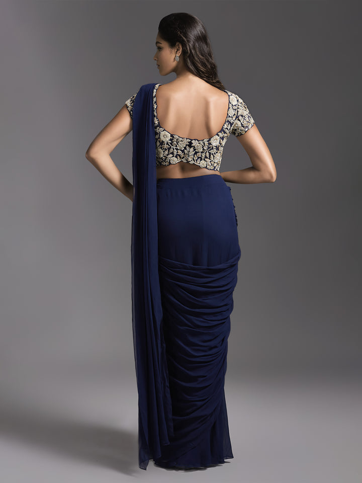 Navy Rose Cutwork Blouse with Ruched Saree and Belt
