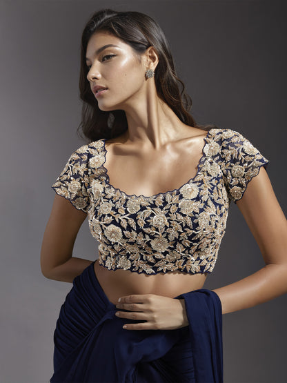 Navy Rose Cutwork Blouse with Ruched Saree and Belt