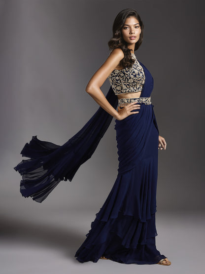 Navy Net Floral Close Neck Blouse with Georgette Draped Saree and Belt