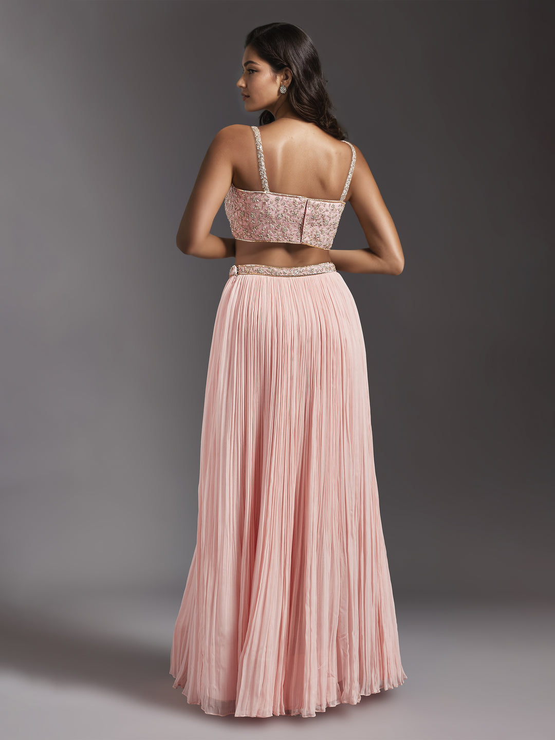 Pink Georgette Pleated Lehenga with Strappy Embroidered Blouse and Choker Dupatta