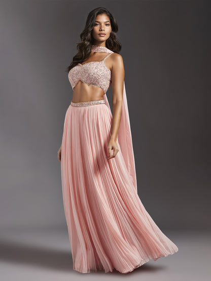 Pink Georgette Pleated Lehenga with Strappy Embroidered Blouse and Choker Dupatta
