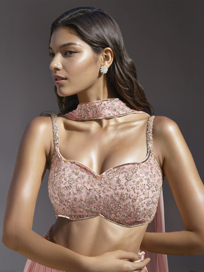 Pink Georgette Pleated Lehenga with Strappy Embroidered Blouse and Choker Dupatta