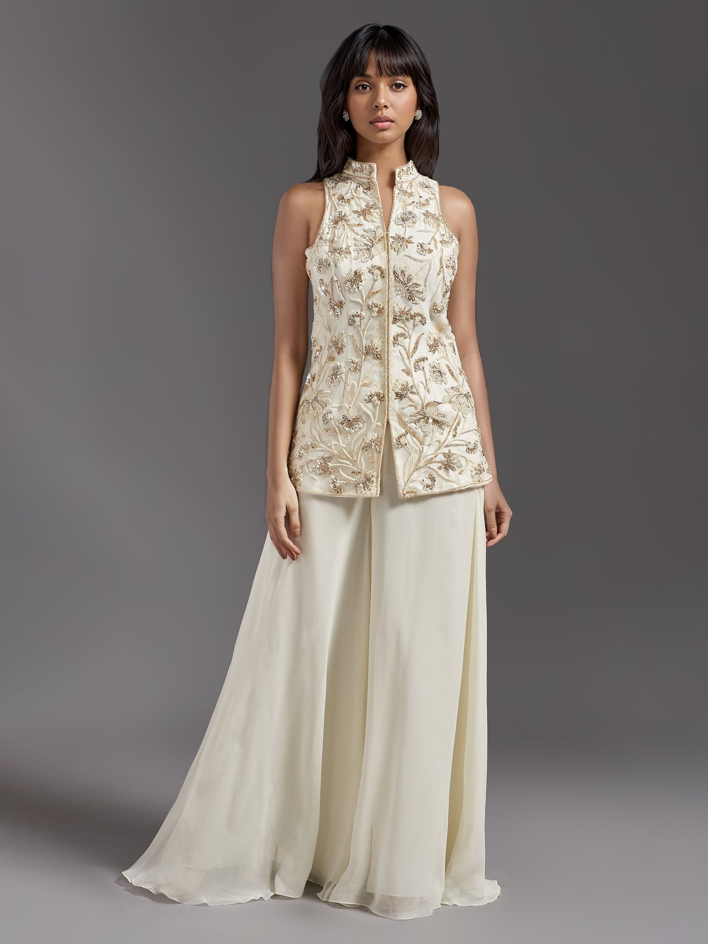 Ivory Net Floral Embroidered Chinese Collar Jacket with Georgette Flared Pants