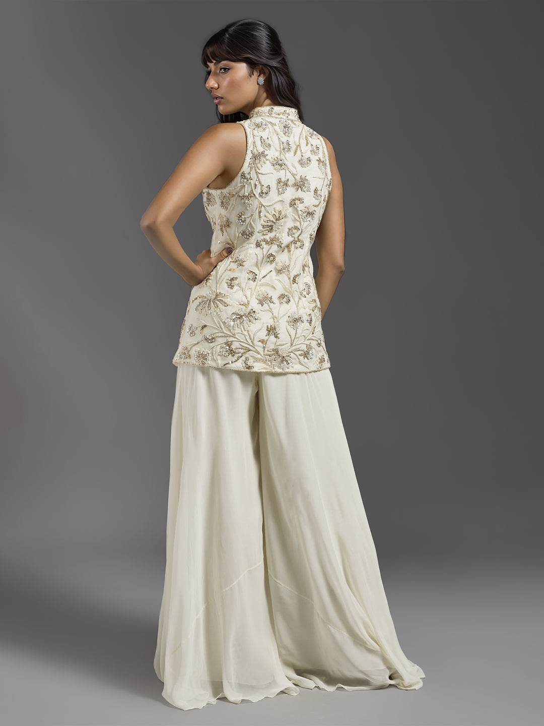Ivory Net Floral Embroidered Chinese Collar Jacket with Georgette Flared Pants