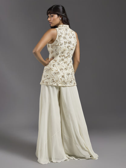 Ivory Net Floral Embroidered Chinese Collar Jacket with Georgette Flared Pants