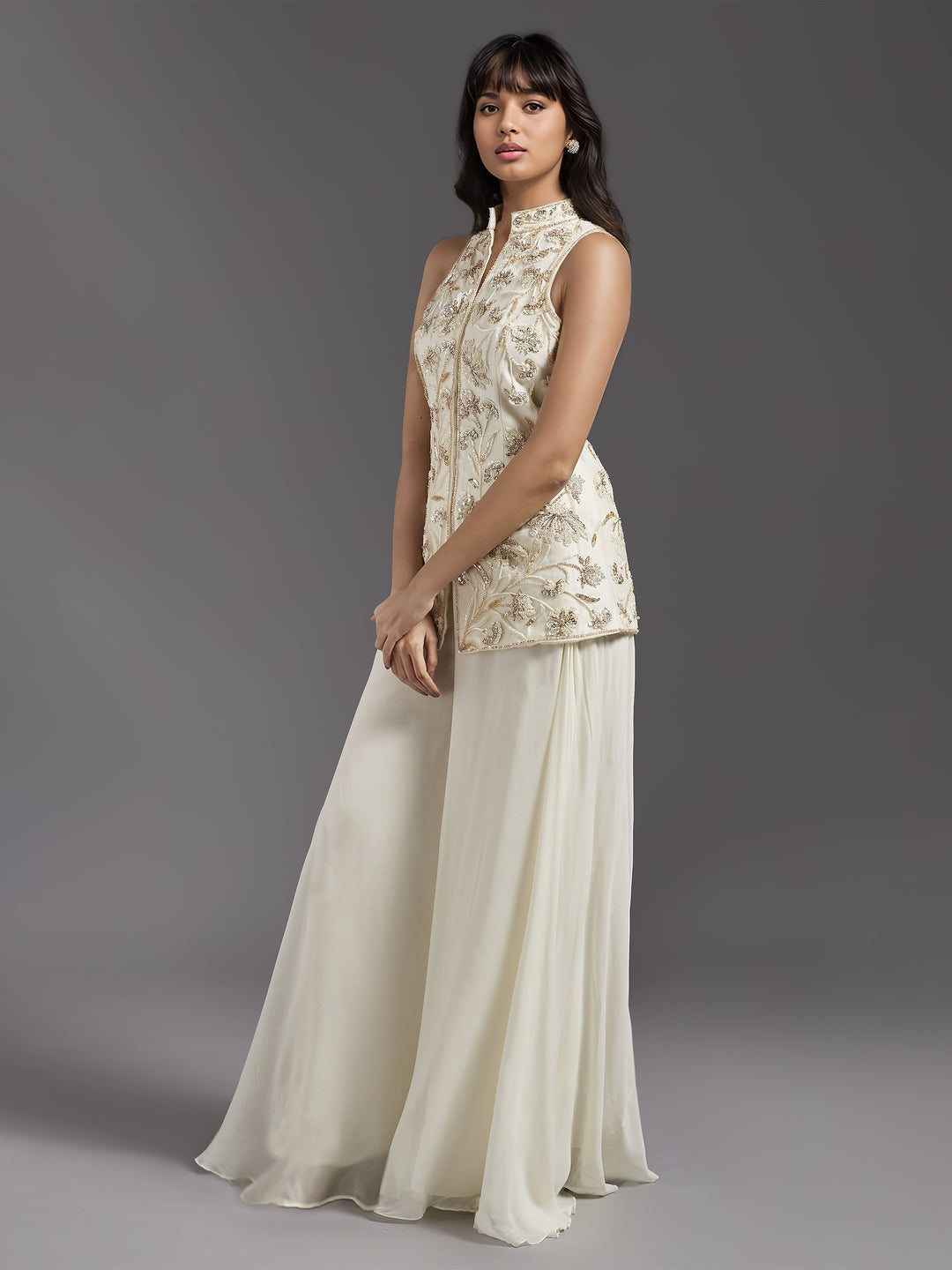 Ivory Net Floral Embroidered Chinese Collar Jacket with Georgette Flared Pants