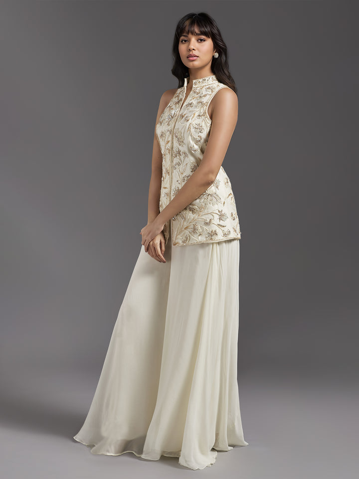 Ivory Net Floral Embroidered Chinese Collar Jacket with Georgette Flared Pants