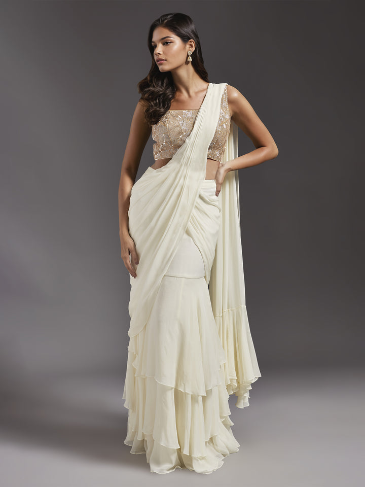 Ivory Net Abstract Line Embroidered Blouse with Georgette Draped Saree