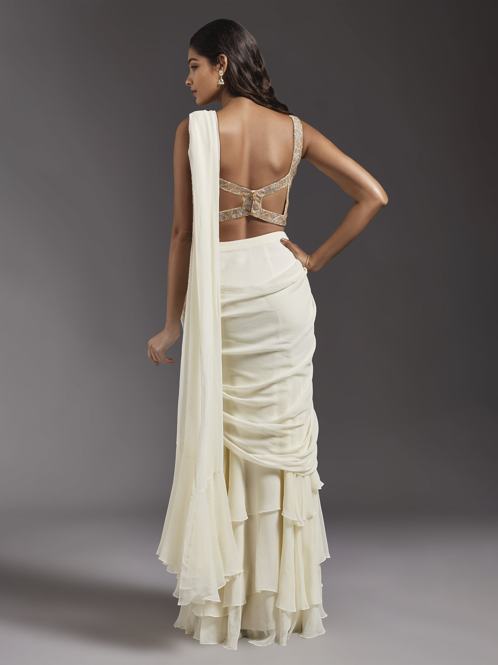 Ivory Net Abstract Line Embroidered Blouse with Georgette Draped Saree XL Ivory Net Abstract Line Embroidered Blouse with Georgette Draped Saree XL