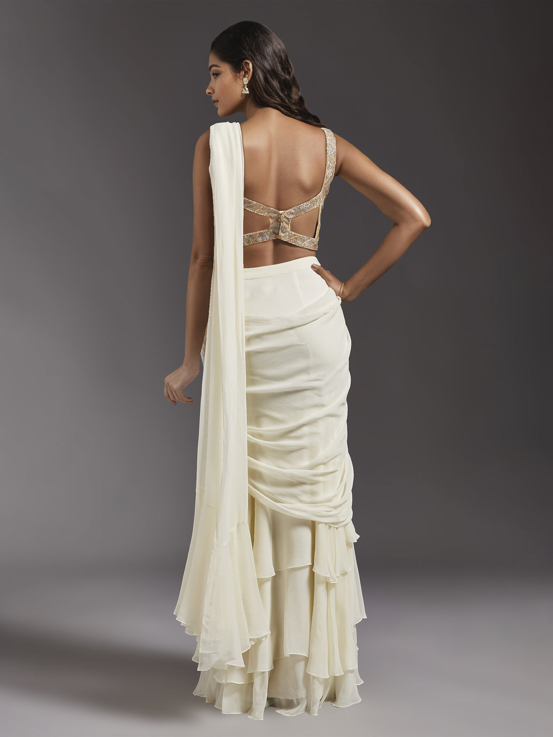 Ivory Net Abstract Line Embroidered Blouse with Georgette Draped Saree
