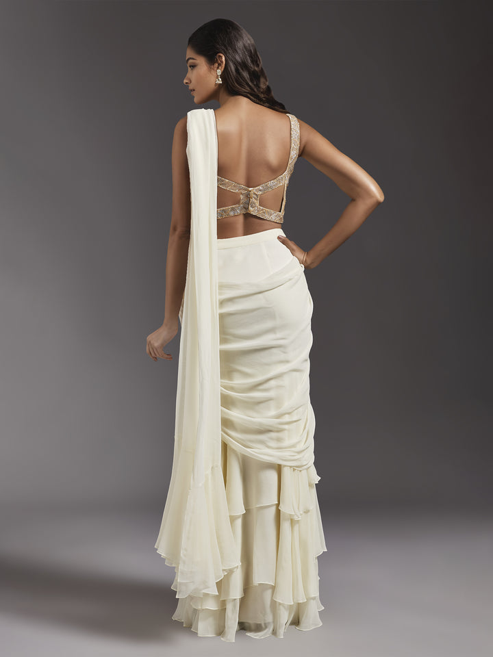 Ivory Net Abstract Line Embroidered Blouse with Georgette Draped Saree