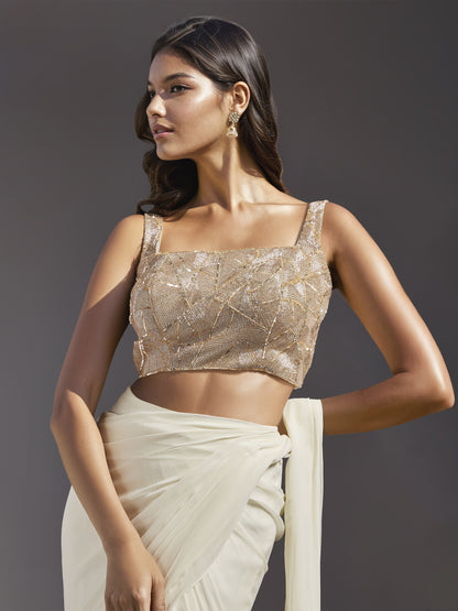 Ivory Net Abstract Line Embroidered Blouse with Georgette Draped Saree