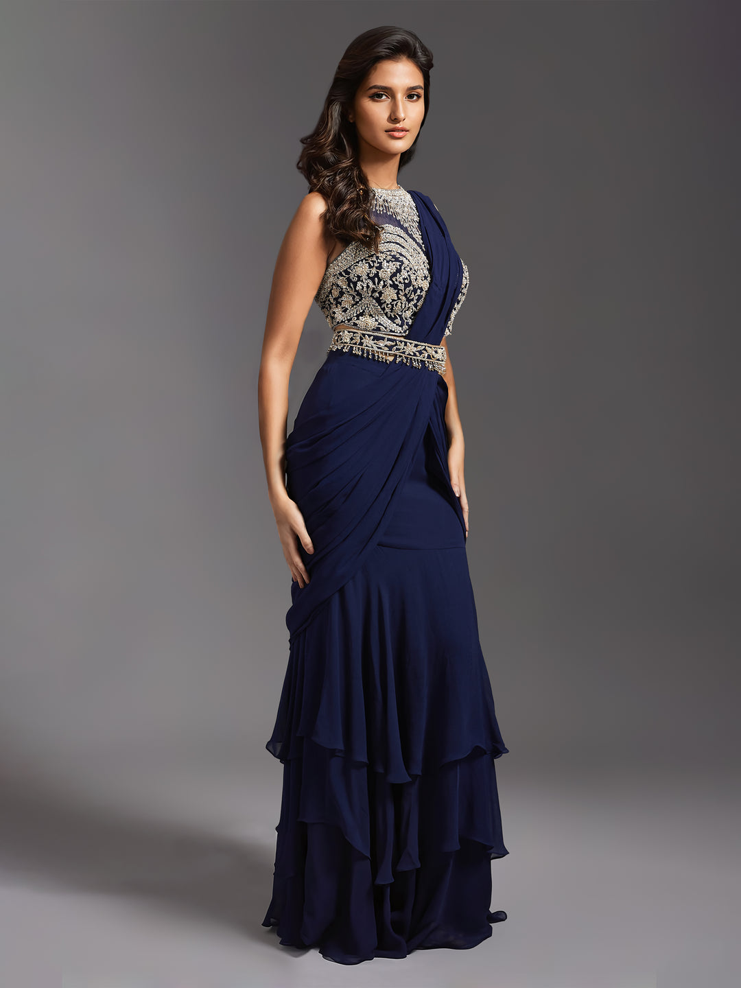 Navy Net Embroidered Blouse and Georgette Draped Saree Set with Belt
