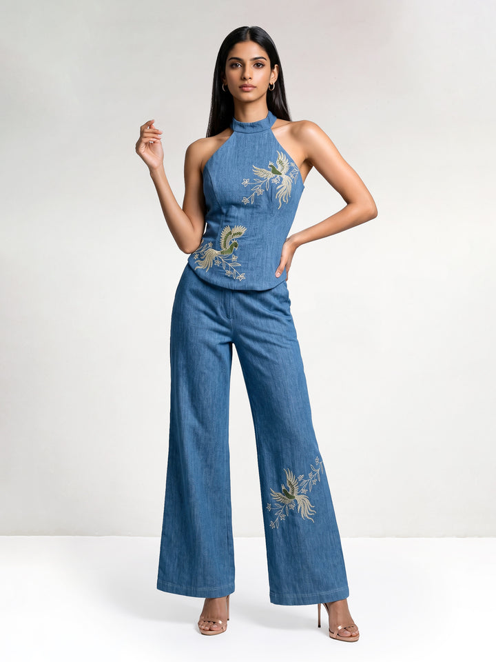 Halter Denim Top with Jewel Bird Embroidery