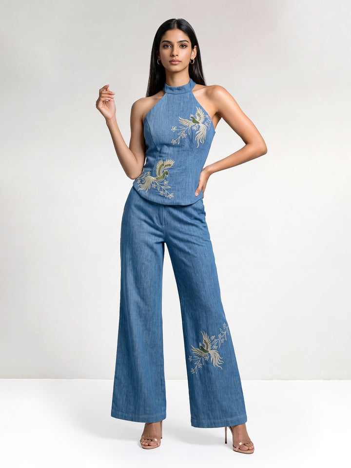 Wide Leg Denim Pants with Jewel Bird Embroidery