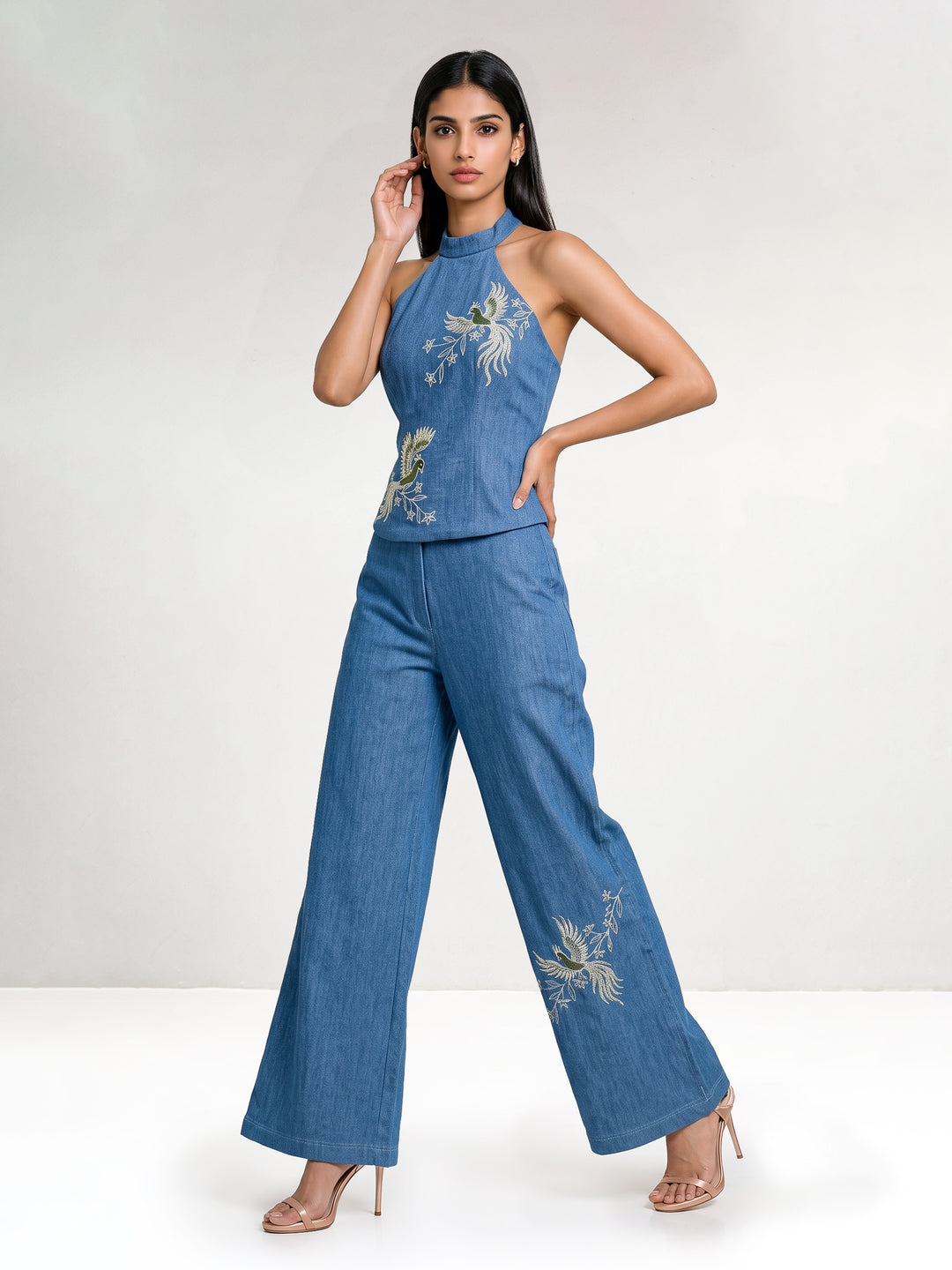 Denim Jewel Bird Embroidery Halter Top and Pant Set