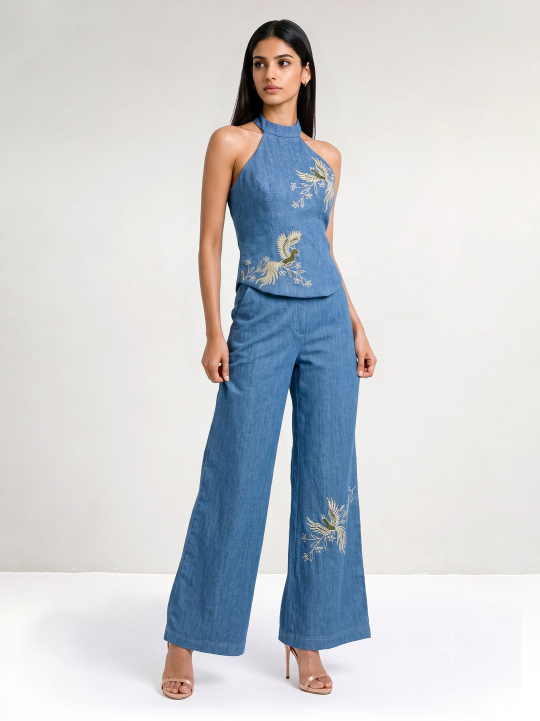 Denim Jewel Bird Embroidery Halter Top and Pant Set