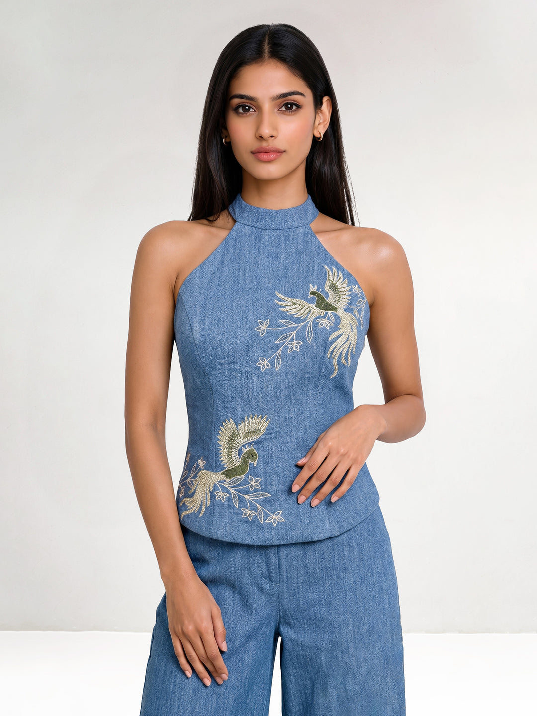 Halter Denim Top with Jewel Bird Embroidery