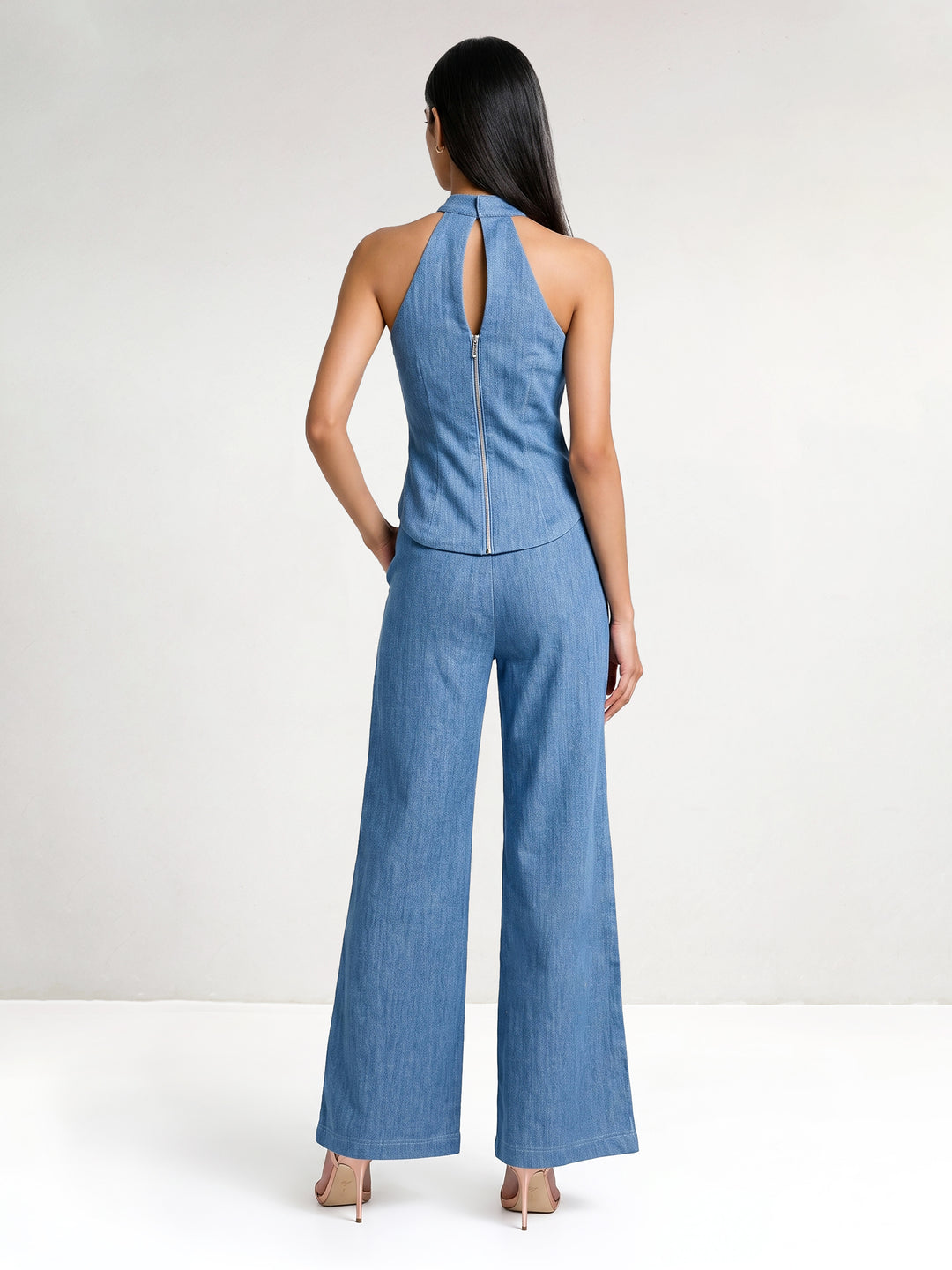 Denim Jewel Bird Embroidery Halter Top and Pant Set