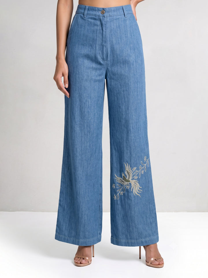 Wide Leg Denim Pants with Jewel Bird Embroidery
