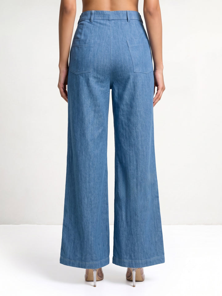 Wide Leg Denim Pants with Jewel Bird Embroidery