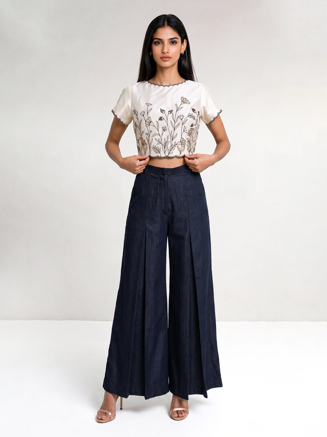 Beige Floral Embroidered Crop Top With Tie-Up Back
