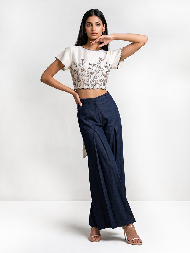 Black Flaired Inverted Pleat Denim Pants