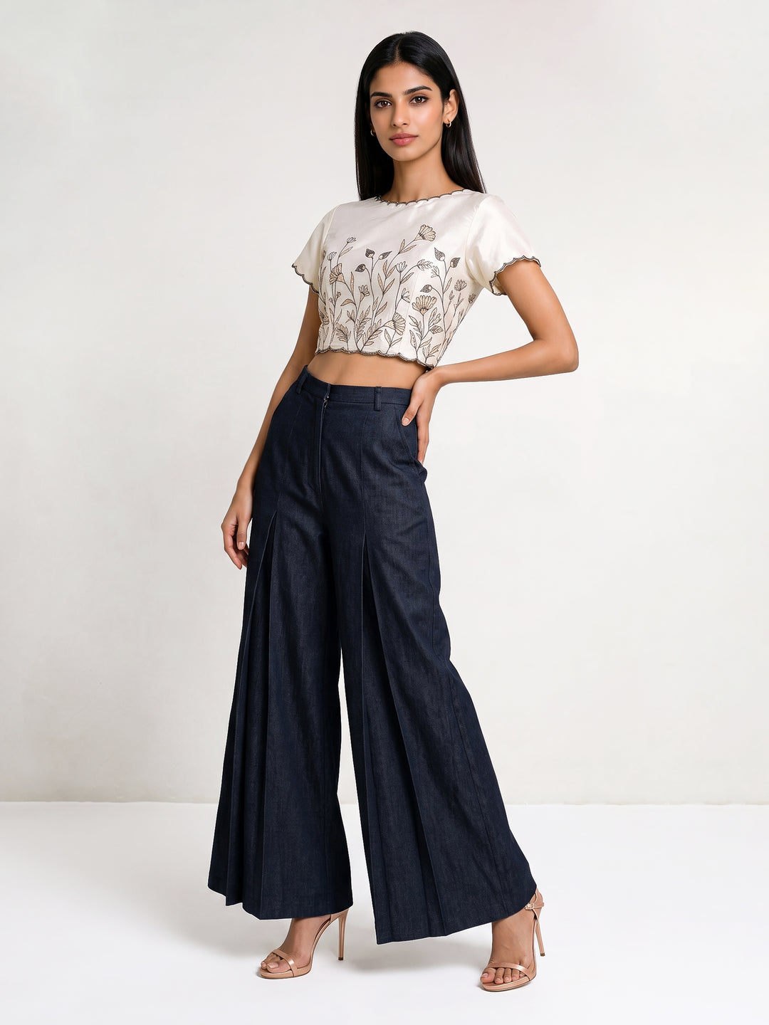 Beige Floral Embroidered Crop Top With Tie-Up Back