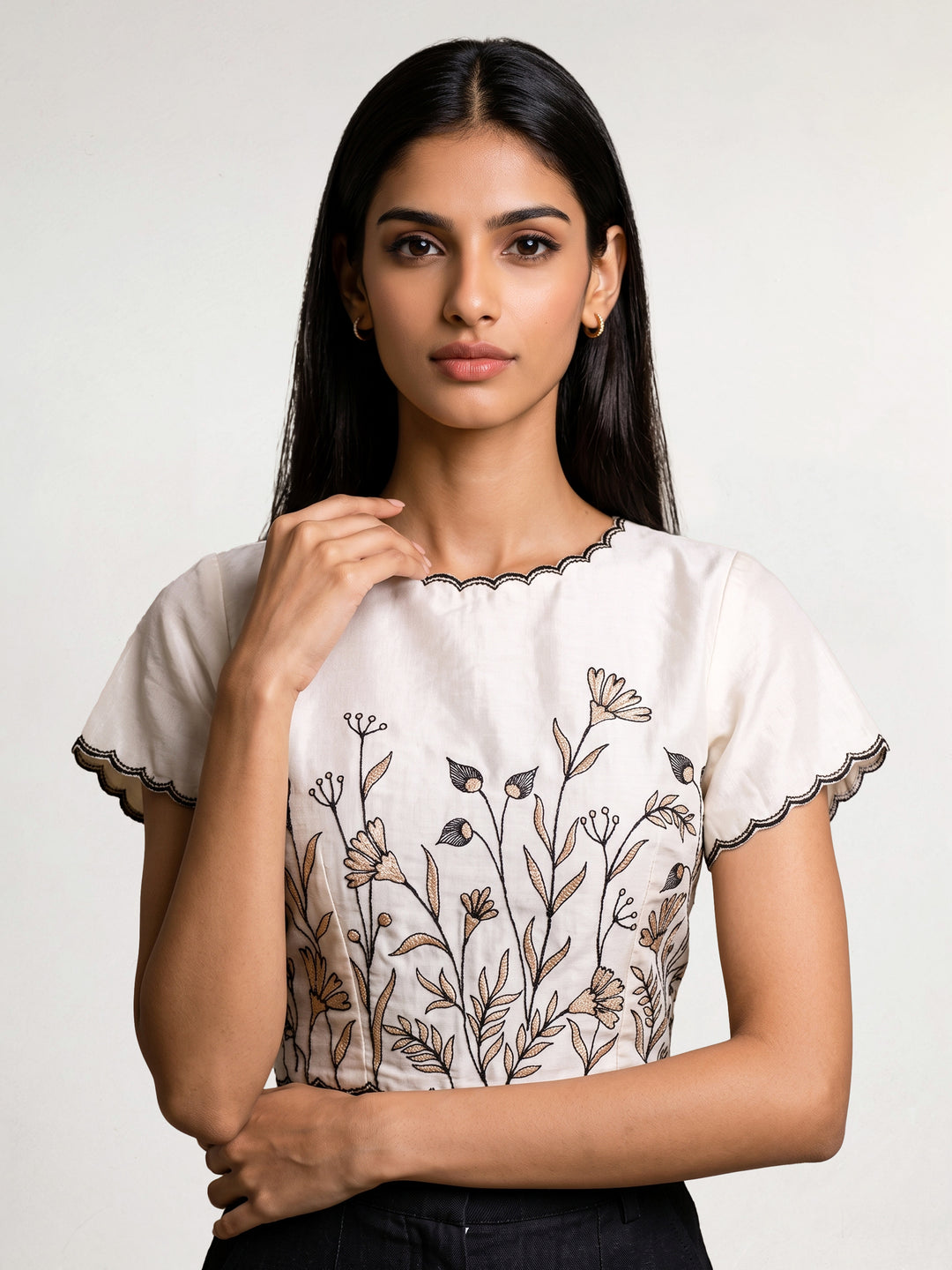 Beige Floral Embroidered Crop Top With Tie-Up Back