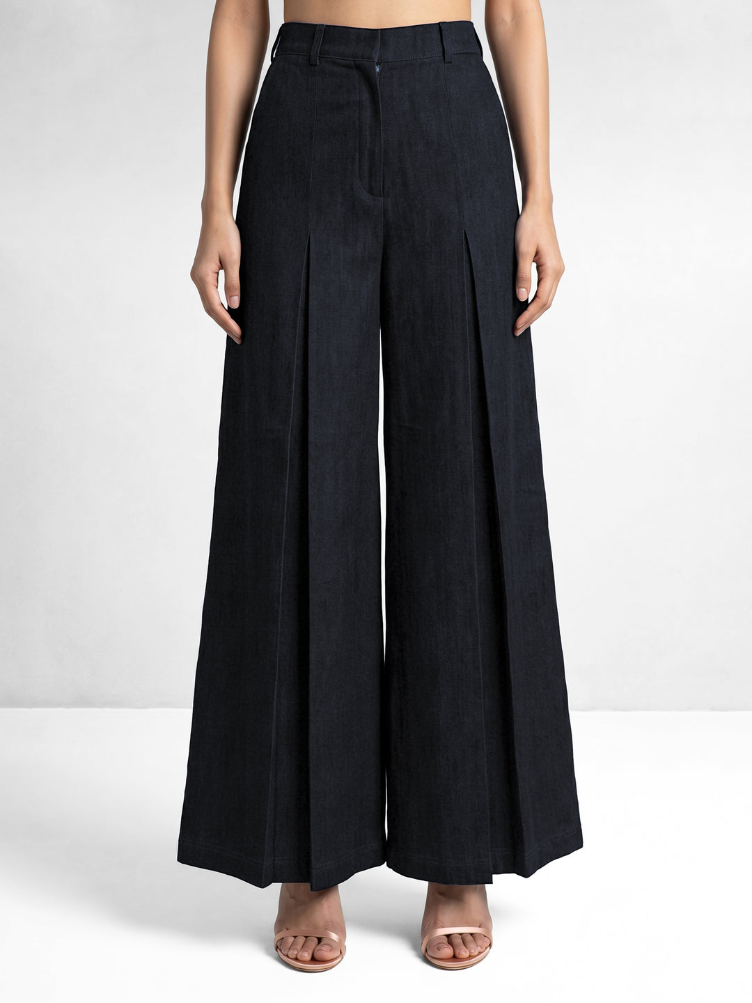 Black Flaired Inverted Pleat Denim Pants