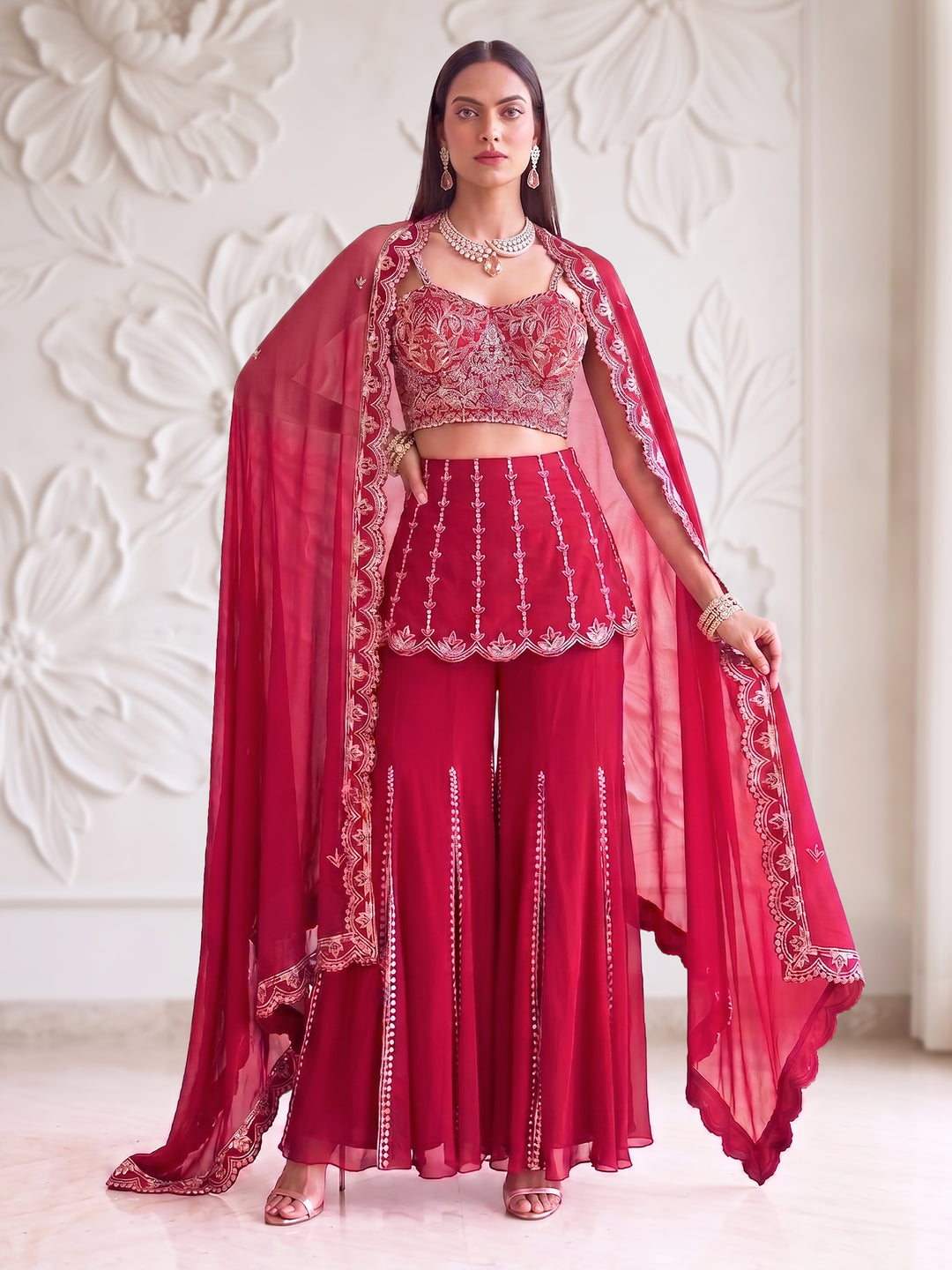 CHERRY RED MIDRIFF-CUT SHORT KURTA SHARARA SET