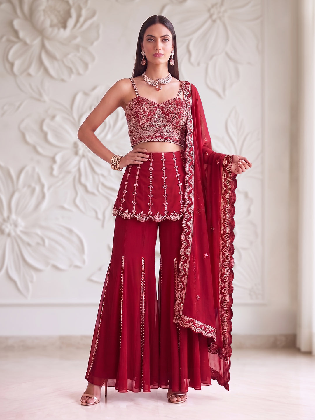CHERRY RED MIDRIFF-CUT SHORT KURTA SHARARA SET