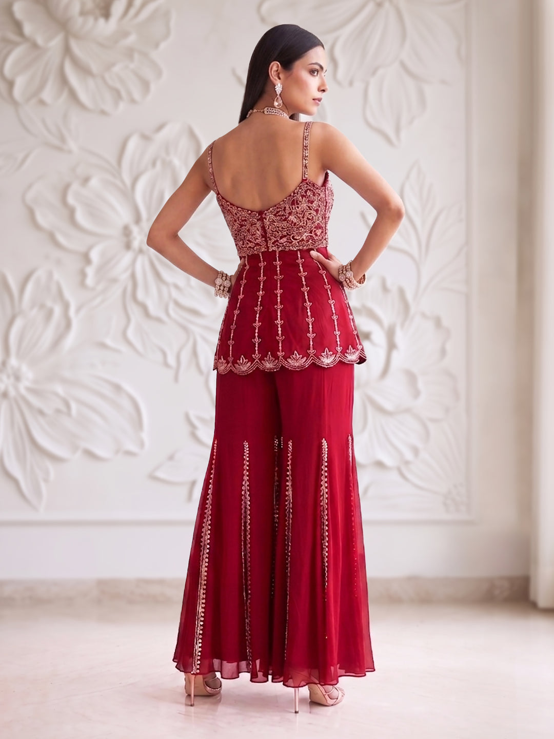 CHERRY RED MIDRIFF-CUT SHORT KURTA SHARARA SET