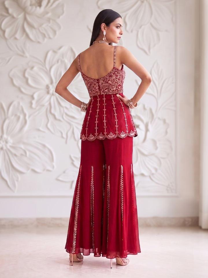 CHERRY RED MIDRIFF-CUT SHORT KURTA SHARARA SET