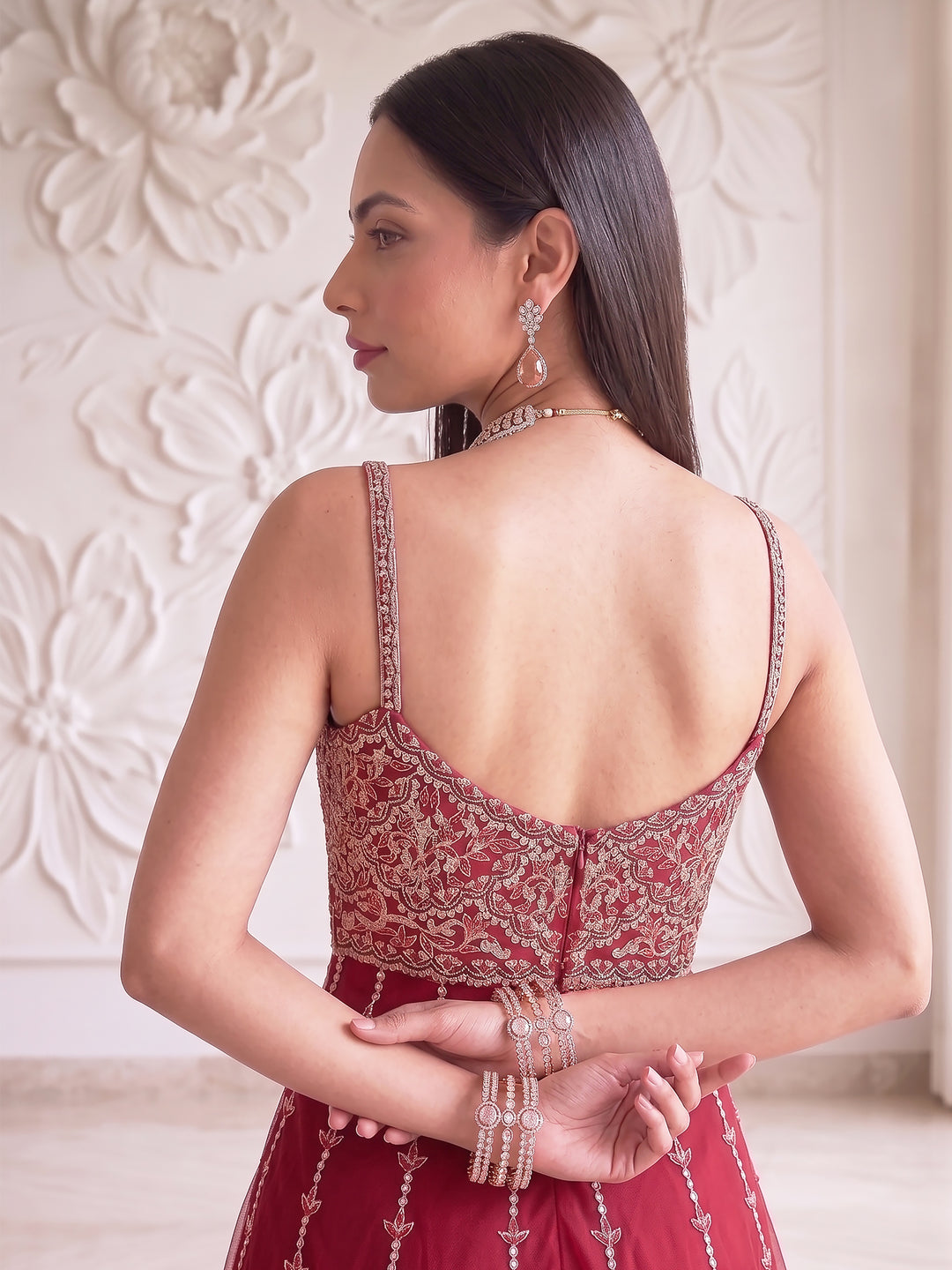 CHERRY RED MIDRIFF-CUT SHORT KURTA SHARARA SET