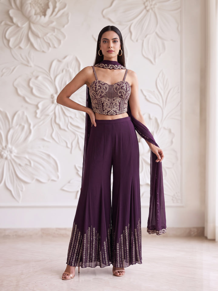 Wine Royale Embroidered Corset Sharara Set