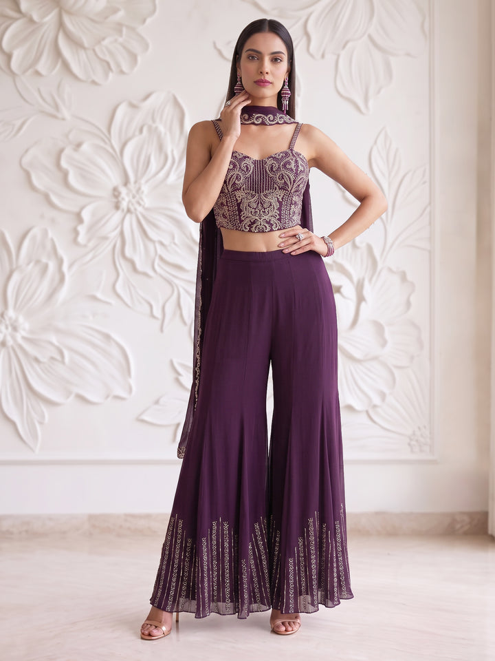 Wine Royale Embroidered Corset Sharara Set