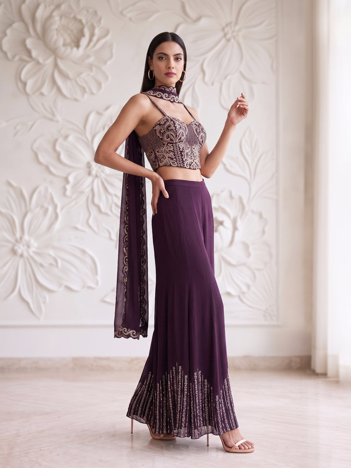 Wine Royale Embroidered Corset Sharara Set