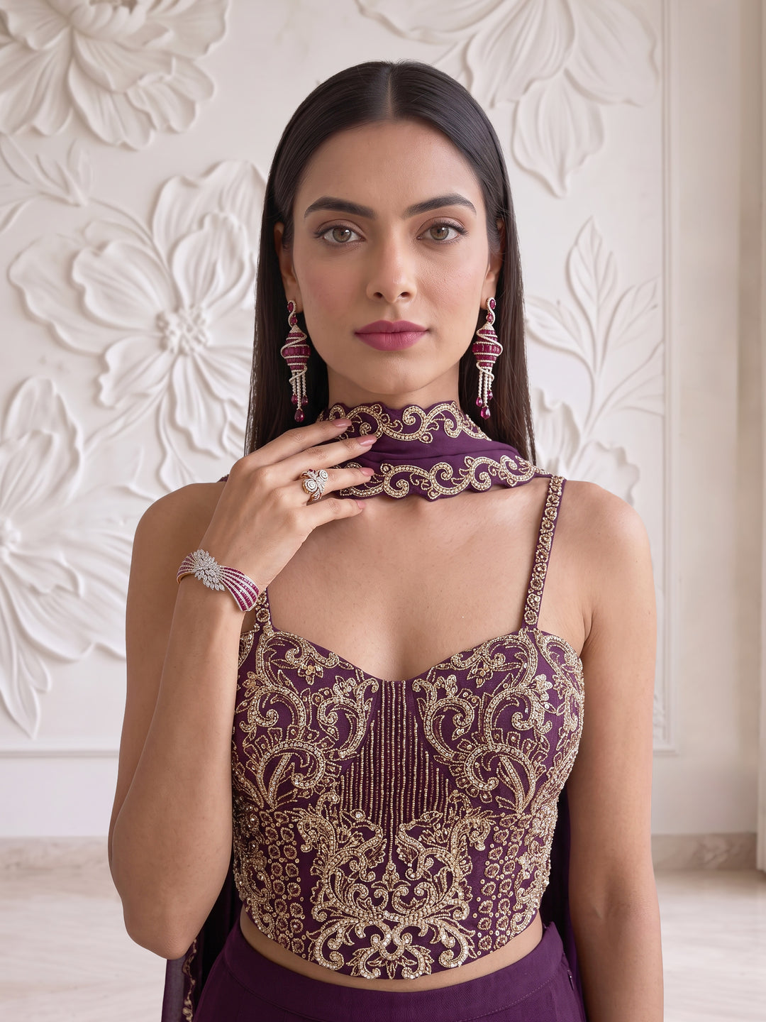 Wine Royale Embroidered Corset Sharara Set