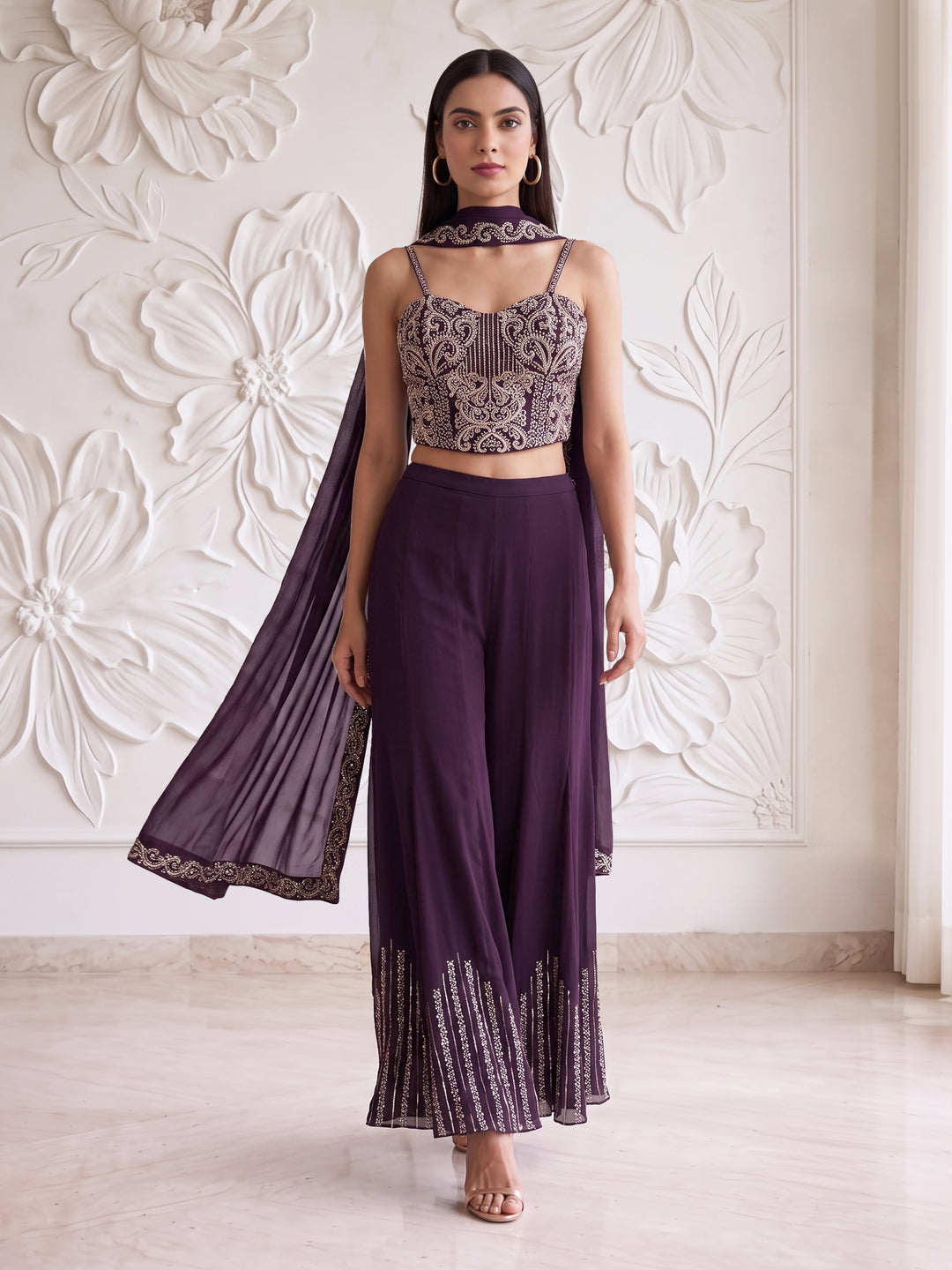 Wine Royale Embroidered Corset Sharara Set
