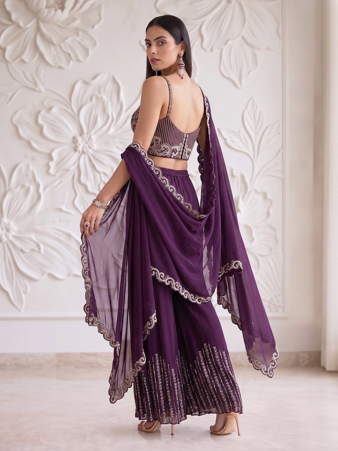 Wine Royale Embroidered Corset Sharara Set