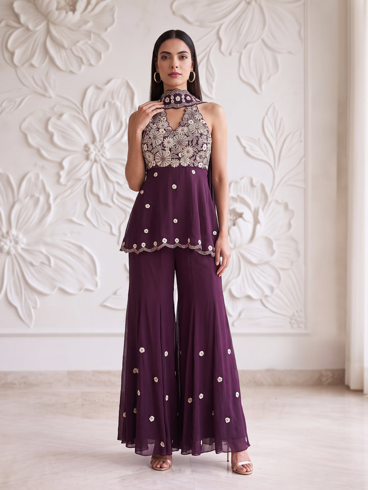 Plum Blossom Embroidered Kurta Sharara Set