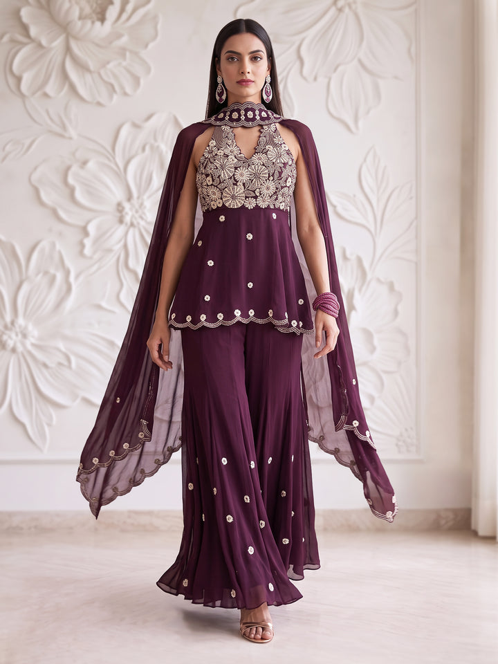 Plum Blossom Embroidered Kurta Sharara Set