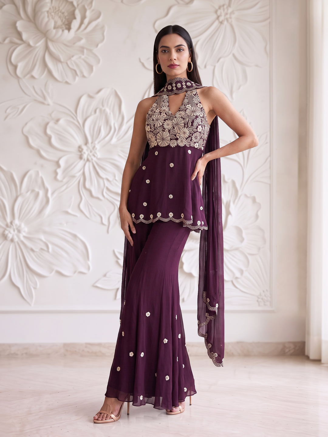 Plum Blossom Embroidered Kurta Sharara Set