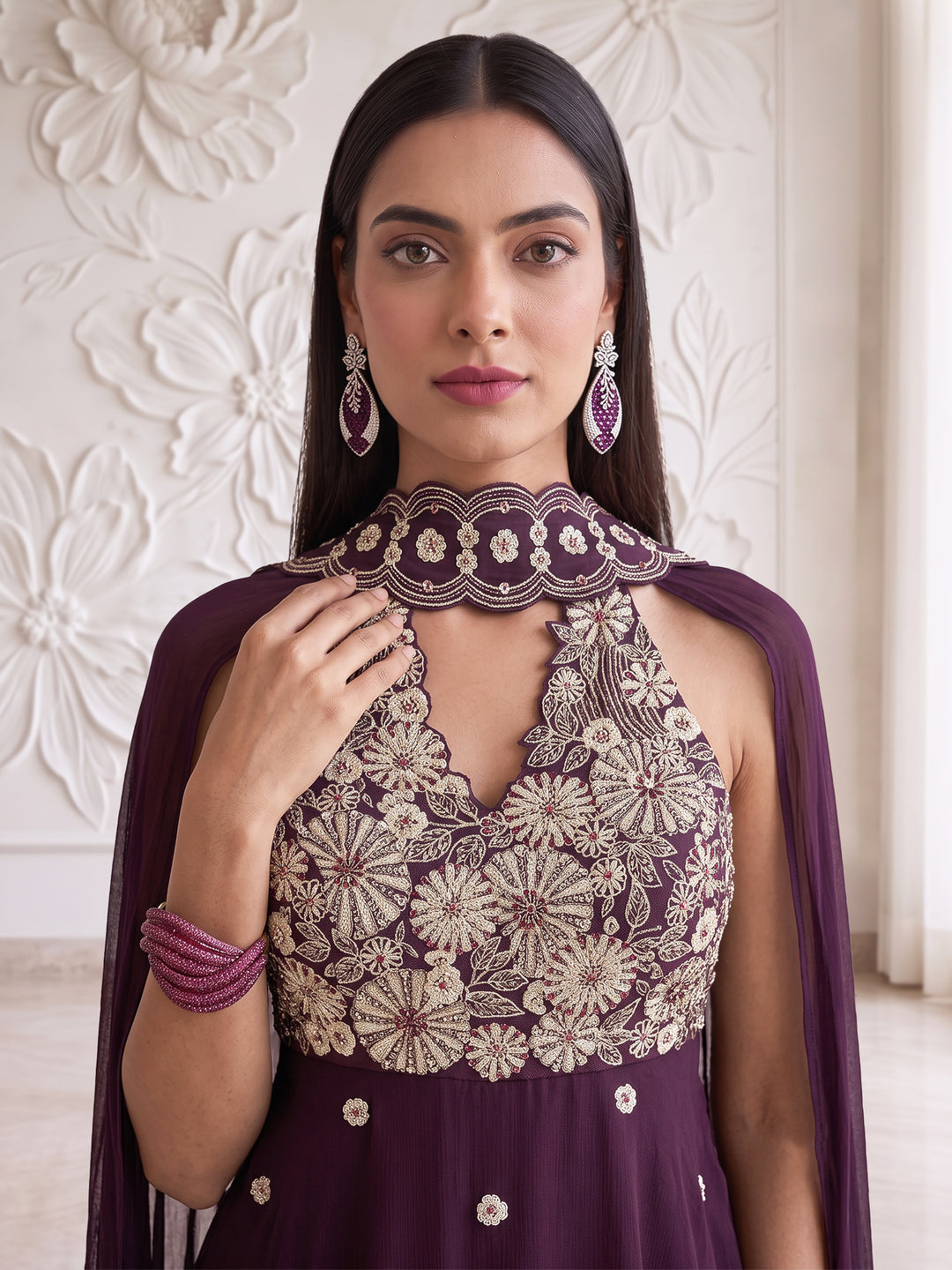 Plum Blossom Embroidered Kurta Sharara Set