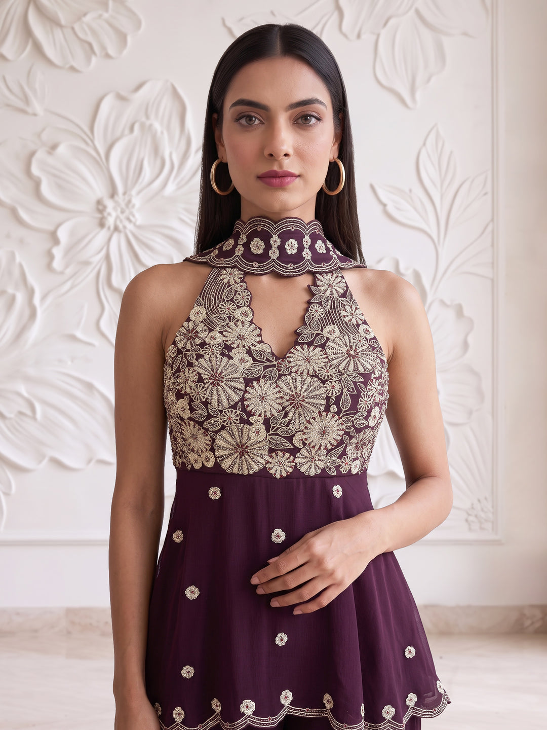 Plum Blossom Embroidered Kurta Sharara Set