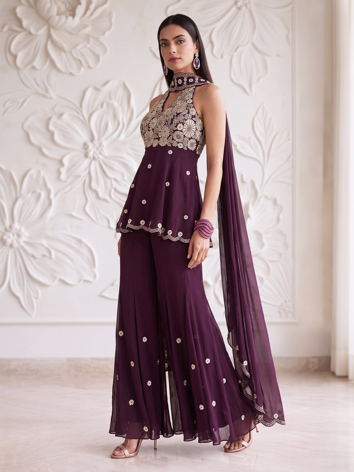 Plum Blossom Embroidered Kurta Sharara Set